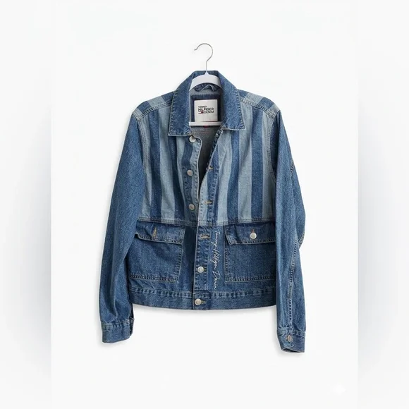 Tommy Hilfiger 90s Revival Streetwear Denim Striped Mixed-Wash Trucker Jacket M - Picture 1 of 9